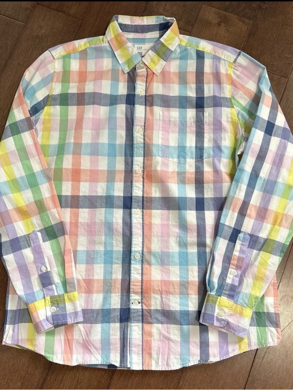 GAP Button-Down Standard Fit Shirt Mens L Pastel Plaid Cotton Preppy Long Sleeve